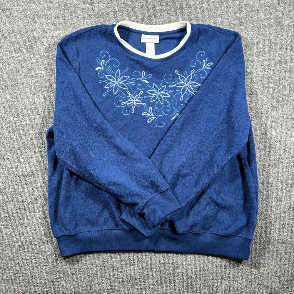 Alfred Dunner Sweatshirt Womens XL Blue Fleece Floral Embroidered Crew Neck Soft